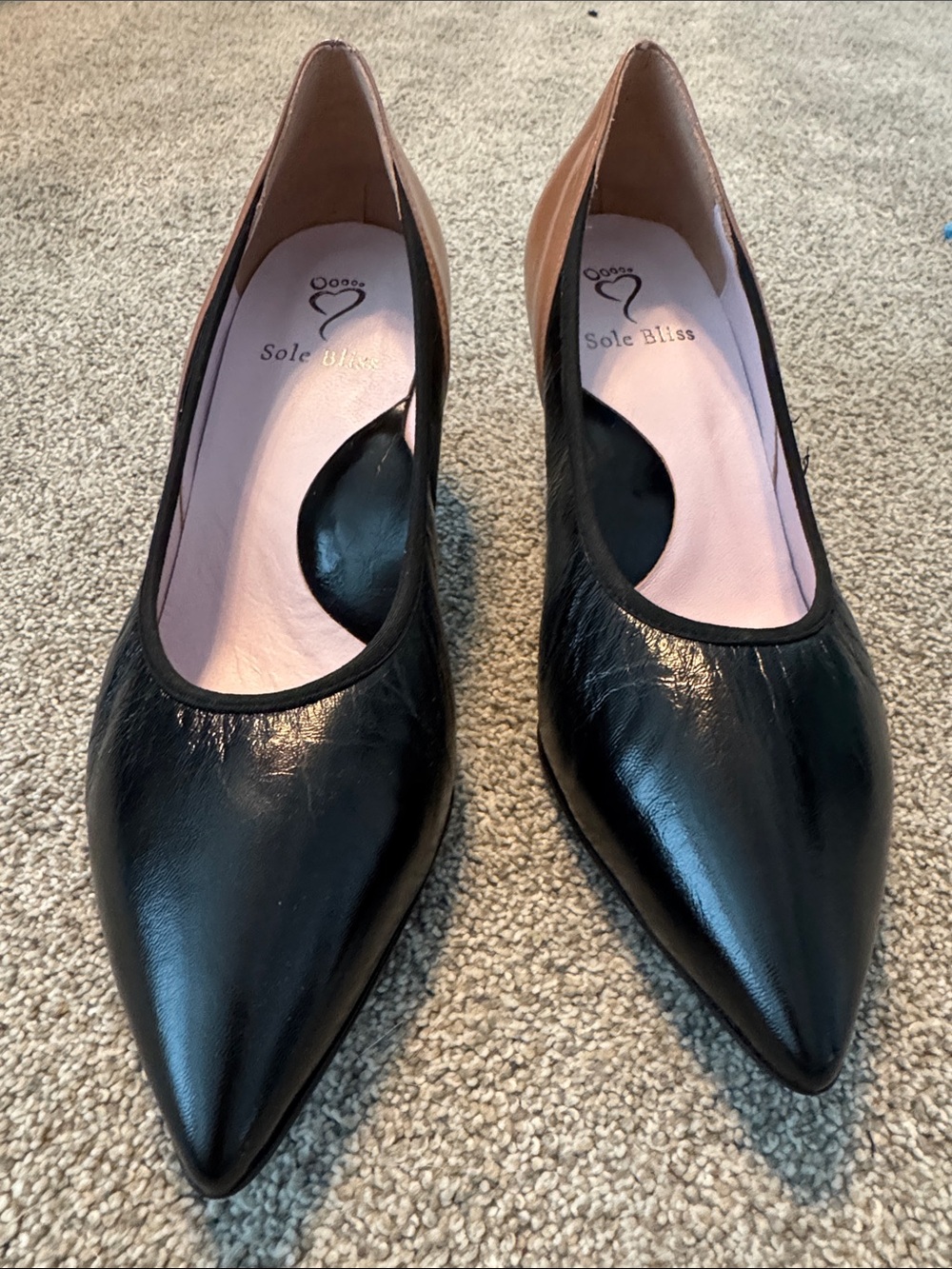 Sole Bliss Black Pointed-Toe Pumps with Tan Heel